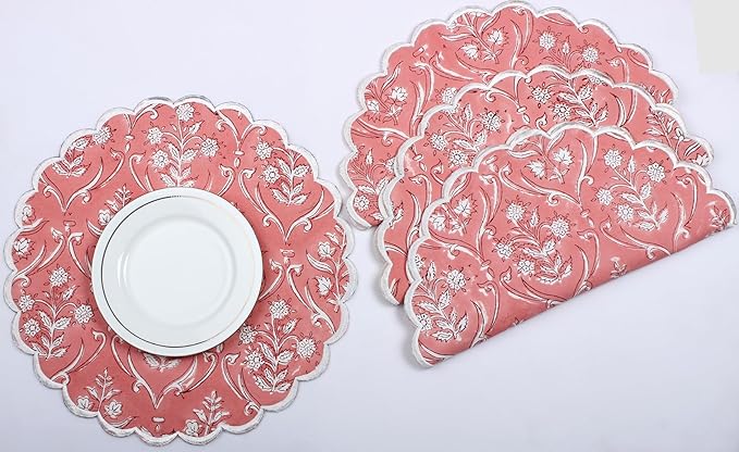 Ridhi Round Block Print Placemats Set of 4 Washable Round Placemats for Kitchen Dining Table 15 inch Round Indoor Cotton Fabric Table Mats