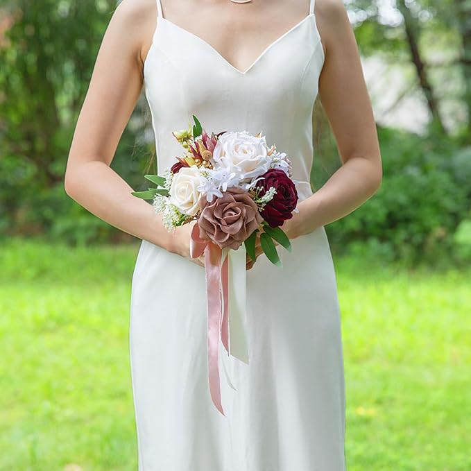 ponatia Dusty Rose Wedding Bouquets for Bride Bridesmaid, Burgundy Wedding Artificial Roses Flowers for Wedding Bouquets Ceremony, Anniversary (Burgundy & Dusty Rose)