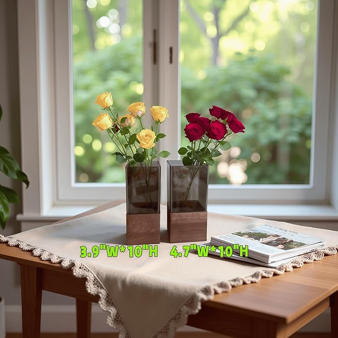 Shatterproof Acrylic Flower Vase with Wood Base–10”H*3.9''W Modern Table Centerpiece for Home Office Decor, Holds Fresh/Dried Stems, Lightweight&Stable, Present for Housewarming Christmas(Rectangular)