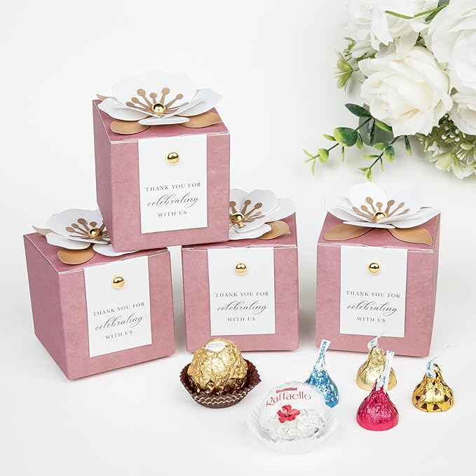 FEIYI 20 PCS Candy Boxes, 3 In 1Dusty Rose Favor Boxes with Floral Decor, White Thank You Tags Gift wrapping for Wedding Birthday Baby Shower Decorations Party -2.55x2.55x2.55''