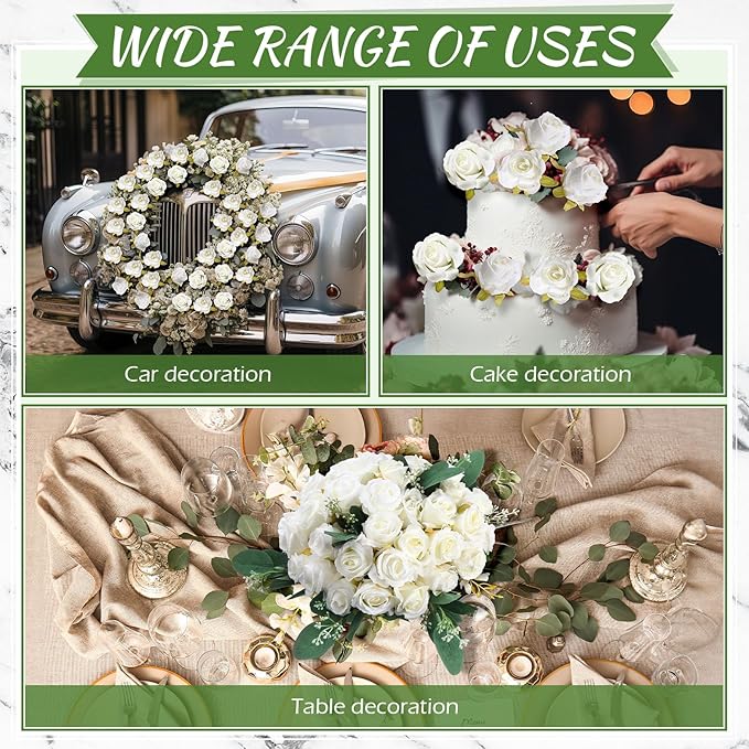 Zeyune 12 Pack Wedding Bridesmaids Bouquets 7 Inch Artificial Rose Bouquets Silk Flowers with Stems Fake Floral Bundles Bulk for Wedding Bridal Shower Party Centerpieces Home Decor(White)