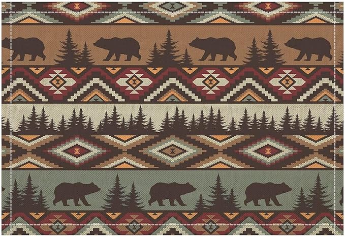 Rustic Bear Placemats Aztec Cabin Wild Animal Hunting Camping Art Printed Dining Table Mats Set of 4 for Home Kitchen Holiday Picnic Party Decor 12x18in