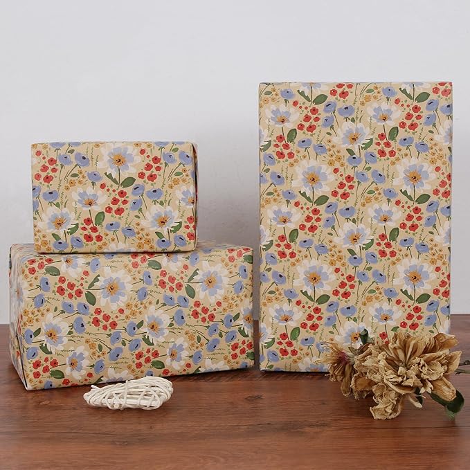 Aimyoo Watercolor Floral Kraft Wrapping Paper Roll, All Occasion Vintage Flower Gift Wrap for Wedding Birthday Bridal Shower, 17 inch x 10 ft
