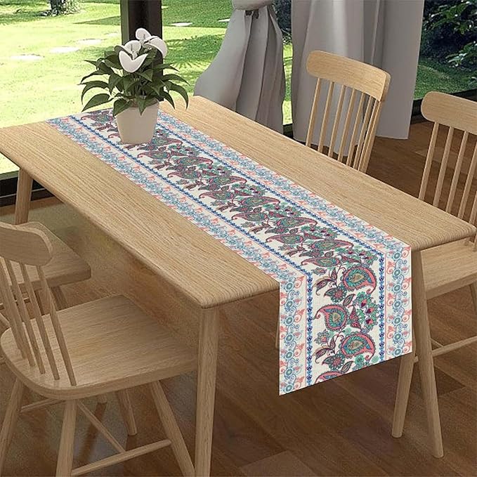 Vintage Paisley Table Runner, Rustic Pink White Paisley Floral Retro Boho Art Table Center Decor for Family Kitchen Farmhouse Holiday Party Table Decorations Indoor Outdoor 13x36 inch