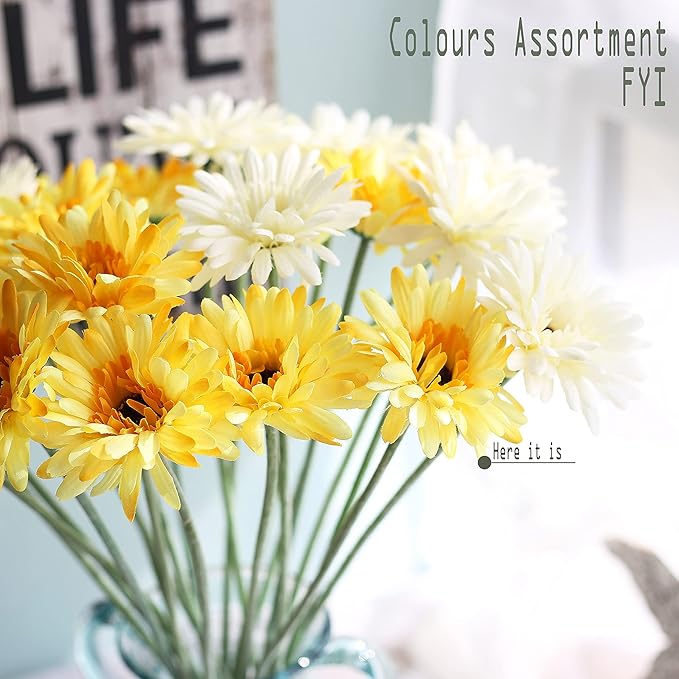 12pcs Artificial Gerbera Daisies,22 Inch Long Stem Silk Daisy Flowers,Realistic Artificial Flower Mums for Home Décor Centerpiece Wreath Supplies Wedding Bouquet,Light Yellow