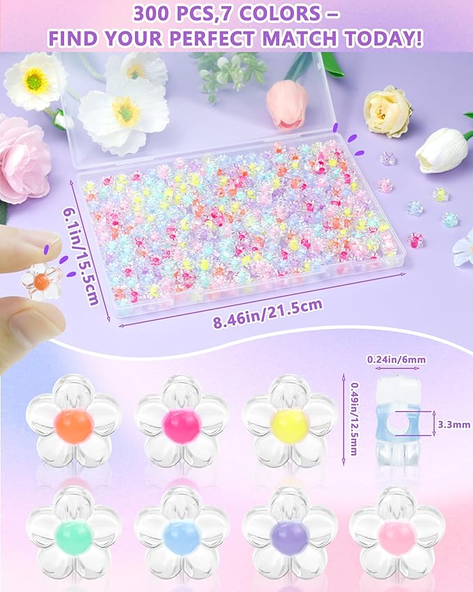 FIVEIZERO 300PCS Acrylic Flower Beads, Colorful Transparent Bead Charms for DIY Bracelets, Necklaces & Jewelry Craft Supplies