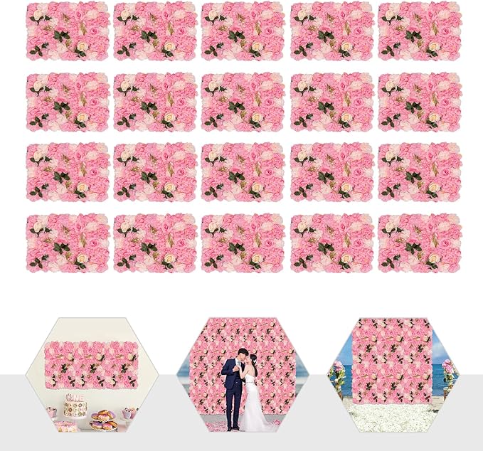 20 PCS Artificial Flower Wall Panel,Each Panel 24" x 16"3D Silk Rose Hydrangea Floral Backdrop,Handmade Eco-Friendly Flower Wall Photo Backdrop Decor (type2)