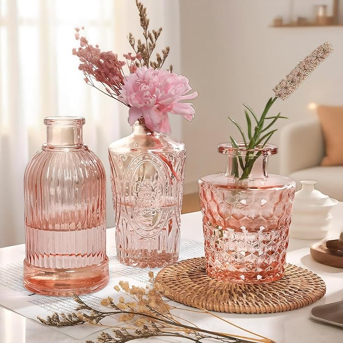 Pink Bud Vases in Bulk 12, Vintage Small Vases for Flowers, Clear Mini Glass Vase for Centerpieces, Decorative Embossed Flower Vase for Wedding Table Decoration, Baby Shower, Birthday Party
