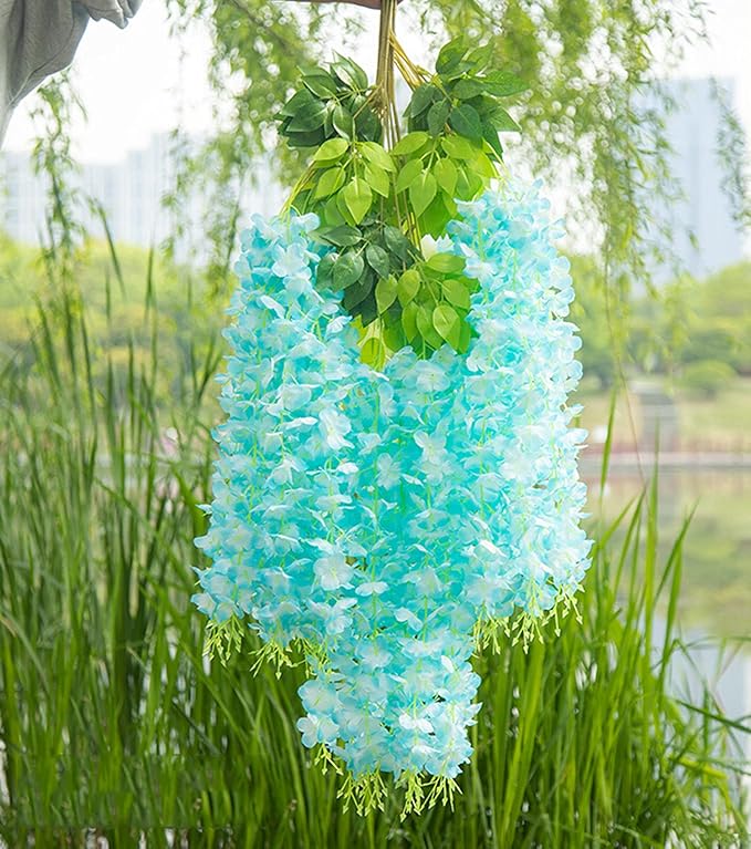 Artificial Wisteria Hanging Flowers Fake Wisteria Flower Garland Silk Vines Rattan Decor for Home Wedding Arch Wall Garden Greenery Bedroom Outdoor Office Party Decoration (12, Blue)