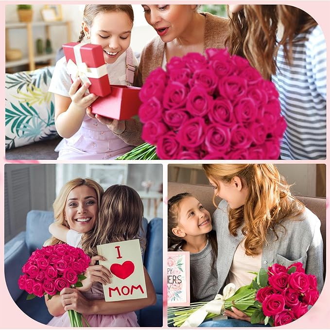 80 Pcs Roses Artificial Flowers, Silk Hot Pink Artificial Flowers Petals Long Stem Roses for Wedding Bouquet Home Party Decor