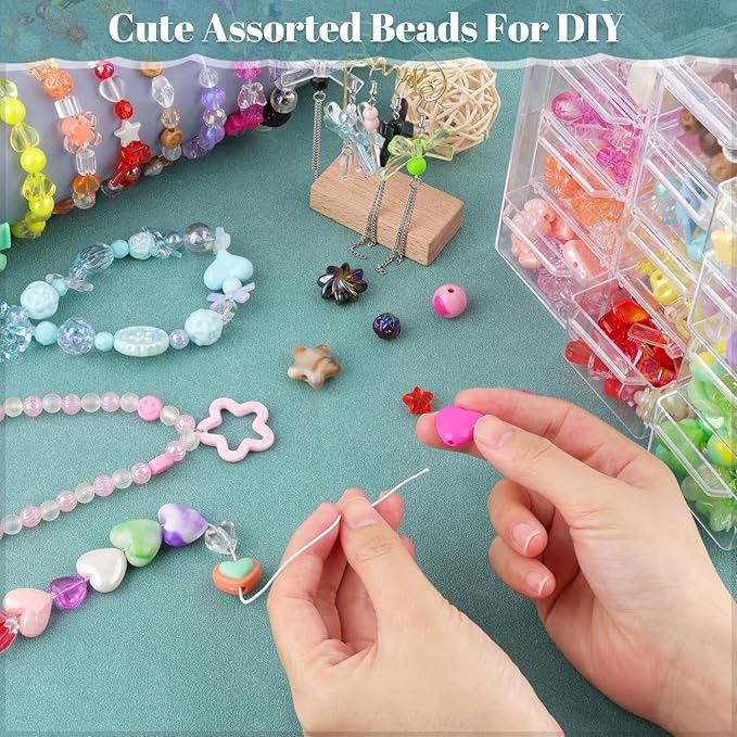 Assorted 400-450PCS Acrylic Beads for Bracelet Making, Flower Bow Candy GummyBear Kawaii Beads,Cute Bead for Jewelry Making DIY Necklace Keychain Phone Charms Christmas Gift(6 Colors)