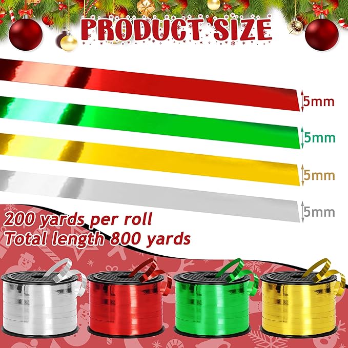 800 Yards Christmas Curling Ribbon, 4 Rolls Gift Wrapping Supplies, 1/5 Inches Wide Balloons String, Sparkling Plastic Xmas Metallic Ribbon, Christmas Decorations Holiday Wrapping Supplies for Craft