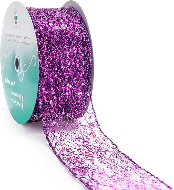CT CRAFT LLC Sparkling Glitter Mesh Wired Ribbon 2.5" x 20 Yards Purple for Christmas Home Decor Bow Gift Wrapping DIY Crafts Wreath