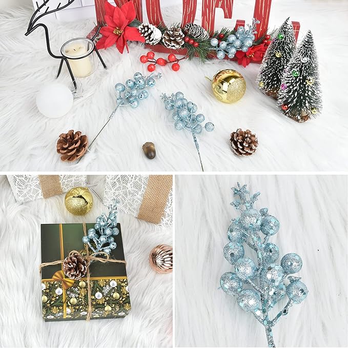 DearHouse 14 Pack Christmas Glitter Berries Stems, 7.8Inch Artificial Christmas Picks for Christmas Tree Ornaments, DIY Xmas Wreath, Crafts, Holiday and Home Decor (Light Blue)