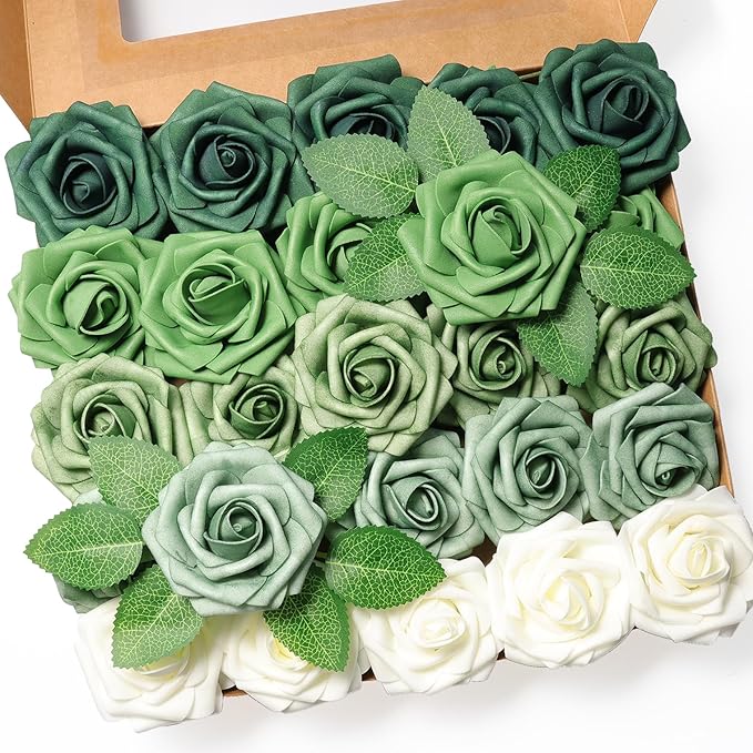 25pcs Artificial Flower，Real Looking Foam Roses w/Stem for DIY Wedding Bouquets Centerpieces Bridal Shower Party Decor-Shades of Army Green