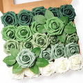 25pcs Artificial Flower，Real Looking Foam Roses w/Stem for DIY Wedding Bouquets Centerpieces Bridal Shower Party Decor-Shades of Army Green