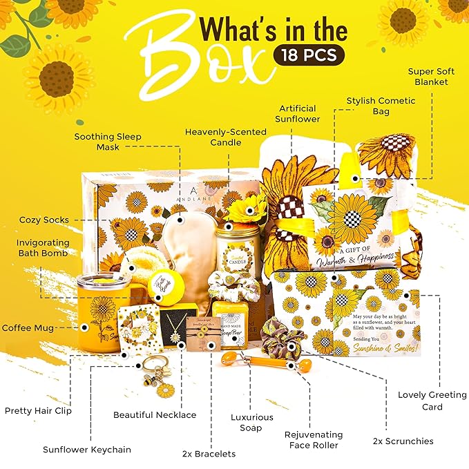 Andlane Sunflower Gifts for Women - Unique Gift Basket Set - Birthday Gifts for Women, Best Friend, or Sister - Sunshine Box Care Package, Get Well Soon, Thinking of You, Friendship Basket 18Pcs Large