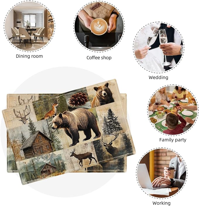 Rustic Bear Deer Fox Cabin Placemats Set of 6, Farmhouse Lodge Place Mats, Country Brown Bear Dining Table Mats, Washable Placemats for Kitchen Dining Room 18L'' × 12W''