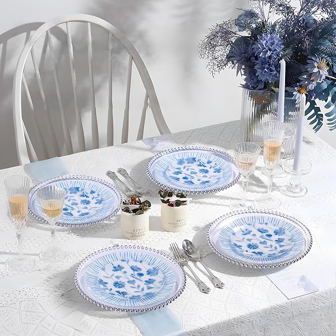 U-QE 20Pcs Blue Plastic Plates - Botanical Stripes Hanukkah Plates Disposable Heavy Duty, Fancy Floral Pattern Perfect for Hanukkah, Tea Parties, Holidays - 10.25" Dinner & 7.5" Dessert Plate