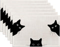 Black Cat Placemats Set of 6,Washable Heat Resistant 12×18 Inch Linen Table Mats Cute Place Mats for Party Outdoor Dining Décor