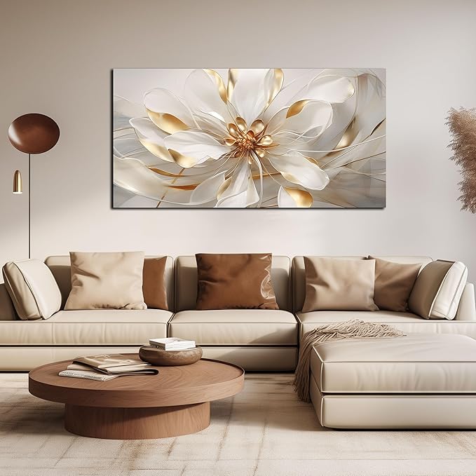 Flower Pictures Wall Decor for Office Women White and Gold Wall Art Girl Room Decoration Bedroom 24 x 48 Inch