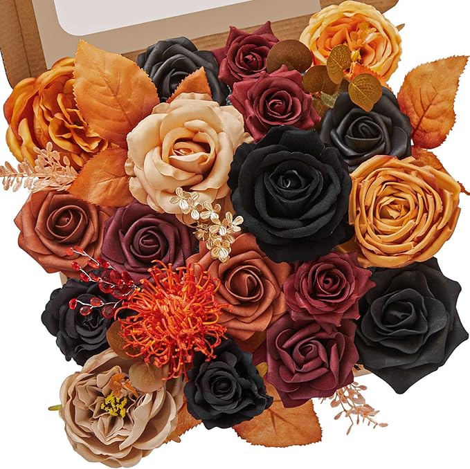 Serwalin Fall Flowers Vintage Orange & Black Artificial Flowers Halloween Black Wedding Flowers Combo for Wedding Bouquets Centerpieces Flower Arrangements Decorations