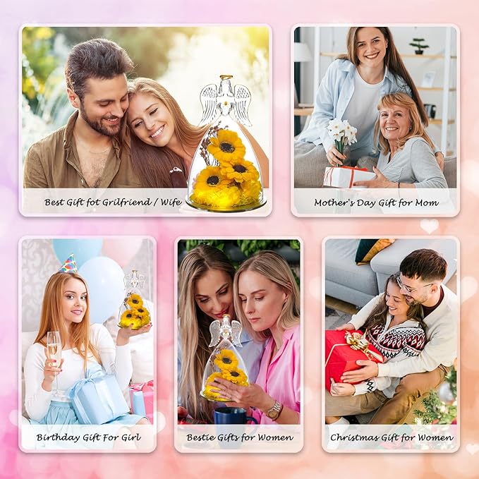 Angel Sunflower Mothers Day Blessing Gifts, Angel Figurines with LED Light Real Sunflower Gifts for Her Mom Grandma Wife,Glass Angel Figurines for Valentine Anniversary Birthday Gift