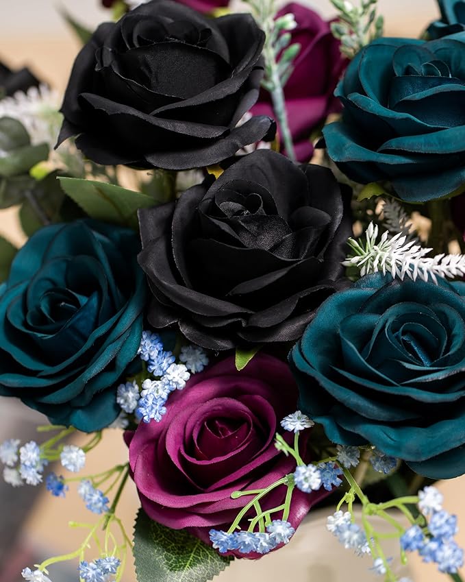 uHouse 10pcs Fake Roses Artificial Silk Flowers Faux Rose Flower Long Stems Bouquet for Arrangement Wedding Centerpiece Party Home Kitchen Decor(Plum)