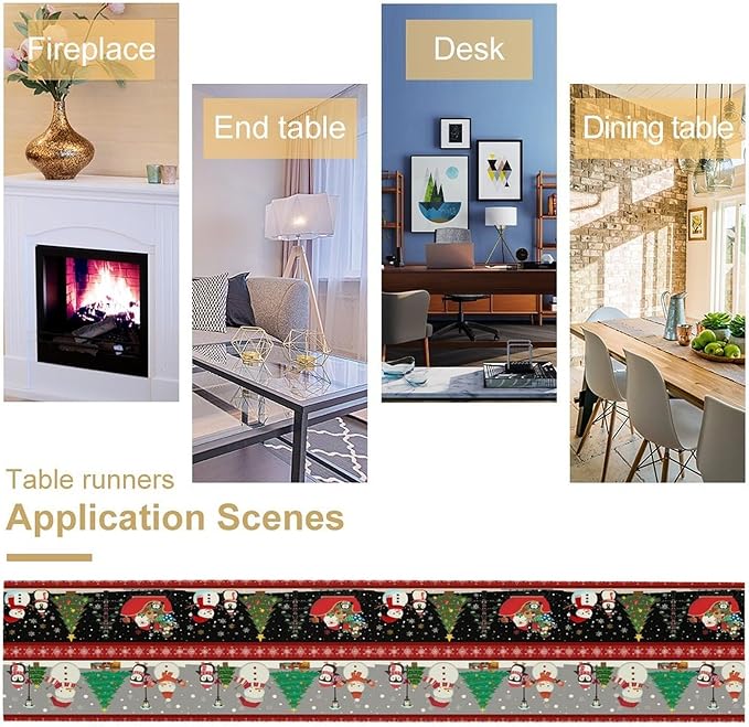 Christmas Table Runner,Cartoon Snowman Tree Xmas Deer Elk Santa Claus Print Tablecloth Burlap for Hotel Indoors Outdoor Dining Room Kitchen Home Decor,W13X L36 in