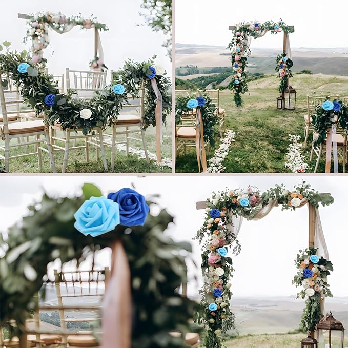 Artificial Flowers 50Pcs Blue and White Roses Real Looking Foam Fake Roses with Leaves for DIY Wedding Bouquets Bridal Shower Party Decorations (Blue Series, 50)