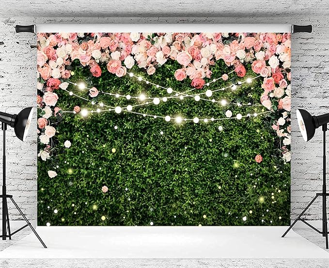 15x10ft Flower Wall Backdrop Pink Rose Floral Blossom Green Leaves Photography Background Women Girls Birthday Party Wedding Banner Decorations Portraits Supplies Photo Booth Props