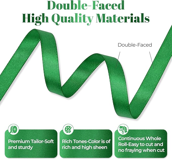 Green Satin Ribbon, Double Faced 3/8 Inch X 25 Yards Green Ribbon, Premium Satin Ribbon for Gift Wrapping, Crafts, Hair Bow Making, Sewing, Flower Bouquet, Wedding Party Decor