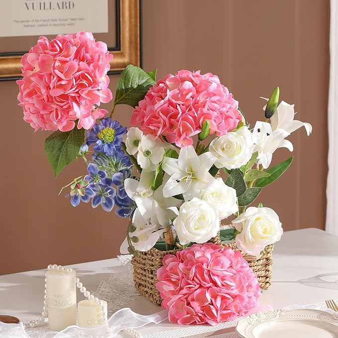 3Pcs Hydrangea Artificial Flowers, 22.44" Real Touch Latex Faux Hydrangea with Long Stems & Leaves for Home Office Decor or Wedding, Party, Centerpieces, Floral Arrangements (Pink)