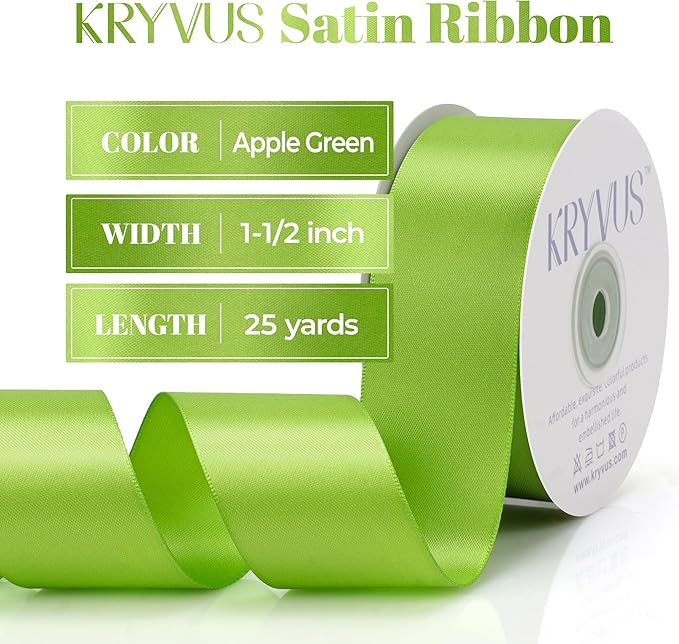 Apple Green Satin Ribbon, Double Faced 1-1/2 Inch X 25 Yards Apple Green Ribbon, Premium Satin Ribbon for Gift Wrapping, Crafts, Hair Bow Making, Sewing, Flower Bouquet, Wedding Party Decor