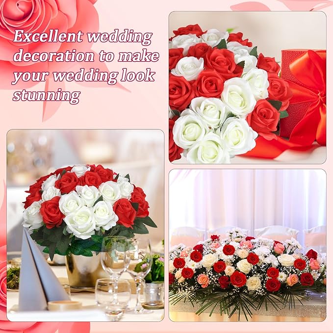 30pcs Fake Roses Artificial Silk Flowers Long Stems Bouquet for Wedding Bridal Shower Party Home Decoration (White + Red)