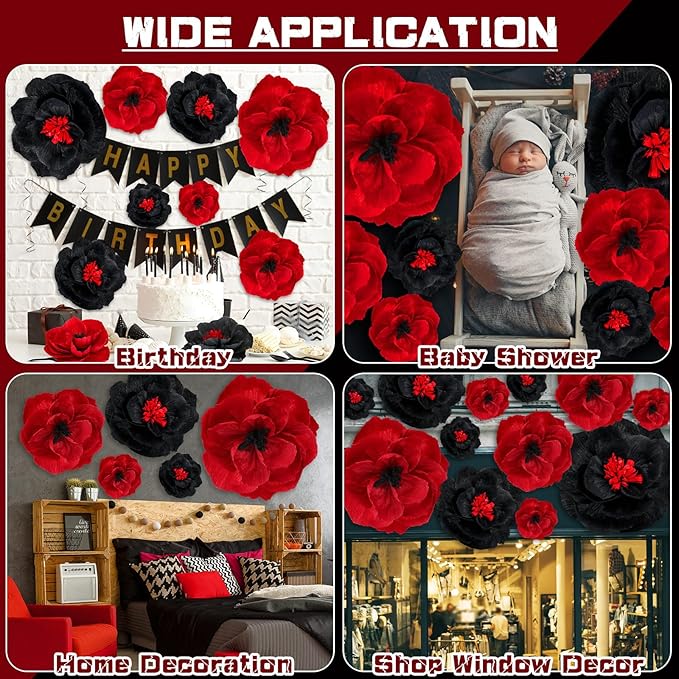 Giant Paper Flowers Artificial Large Paper Flower Decoration for Handcrafted Wall Backdrop Christmas Mexican Wedding Graduation Bridal Shower Birthday Party Supplies(Wine Red and Black,12 Pcs)