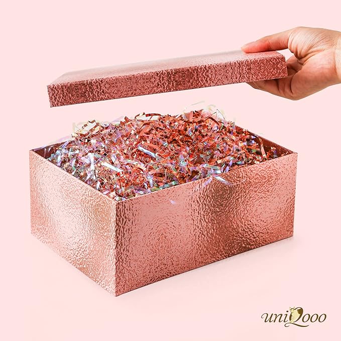 UNIQOOO 1/2 LB Metallic Iridescent Rose Gold Crinkle Cut Paper Shredded Filler, Rosy Pink Gold Grass Raffia Tissue, Strands Shred Craft Bedding Cushion Paper, for Christmas Wedding Mothers Day Bridesmaid Engagement Gift Boxes Bags Retail Decoration