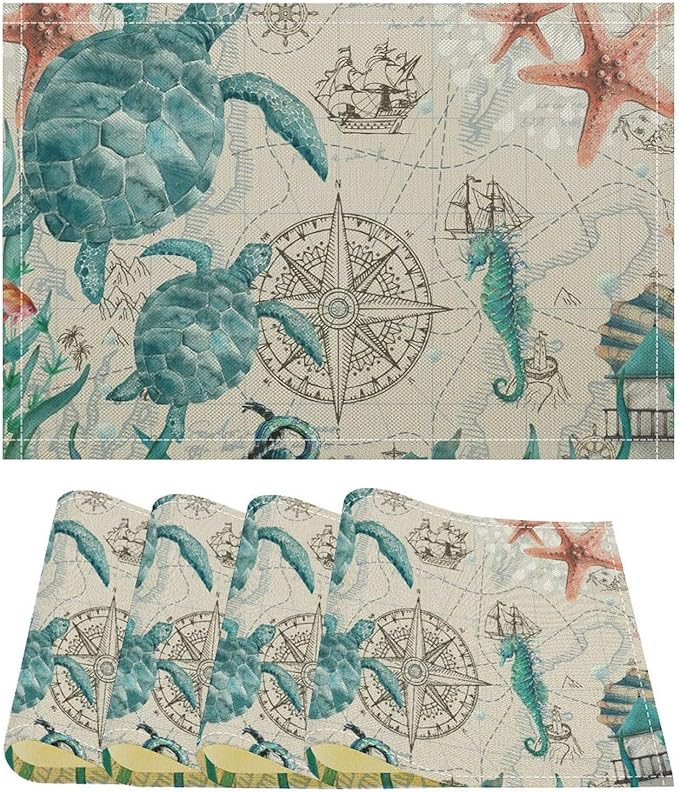 Sea Turtles Placemats Beach Nautical Ocean Starfish Seashell Art Printed Dining Table Mats Set of 4 for Restaurant Home Kitchen Holiday Picnic Party Decor 12x18in