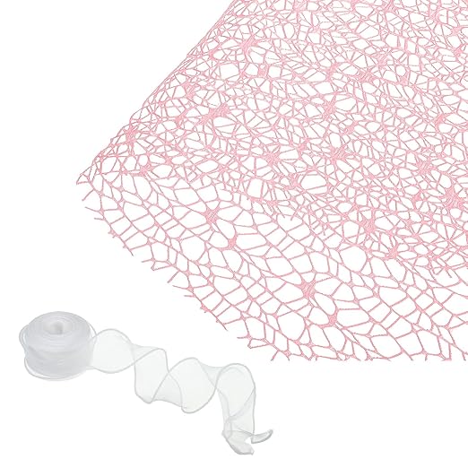 PATIKIL Flower Wrapping Mesh Paper, 15ft Floral Bouquet Craft Packaging Hollow Net Yarn with Ribbon for Flowers Gift Packaging, Pink