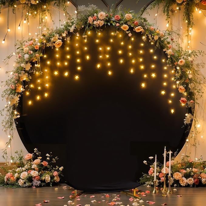 6.6 FT Black Round Backdrop Cover with Lights String for Circle Arch Stand Circle Backdrop Covers with LED Fairy Lights for Wedding Arch Baby Shower Birthday Party Photo Shoot Photography Background