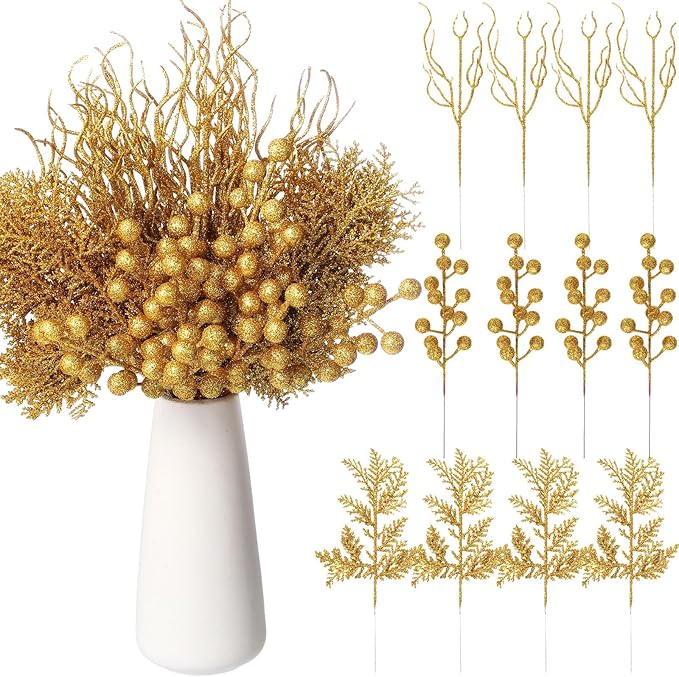 75 Pcs Christmas Glitter Branches 3 Styles Artificial Christmas Picks Berries Stems Pine Needles Floral Twig Spray for Xmas Tree Ornaments DIY Wreath Garland(Gold)