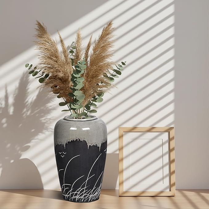 Black and Gray Vase, 8 Inch Grey Ceramic Vase with Crackle Finish, Minimalist Decorative Vases for Modern Home Decor, Office Desk, Living Room Table Centerpiece