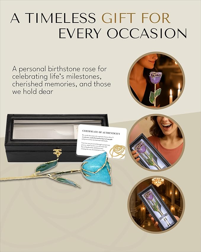 Forever Rose Hand-Dipped in 24K Gold, Aquamarine-Inspired March Birthstone with Sparkles, Real Rose in Leather Case with LED Light – Gift for Birthday or Any Occasion