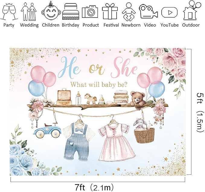 Riyidecor Gender Reveal Backdrop Polyester Fabric He or She Pink Blue What Will Baby Be Baby Shower 7Wx5H Feet Boho Watercolor Floral Flower Balloons Photography Background Newborn Photo Studio Shoot
