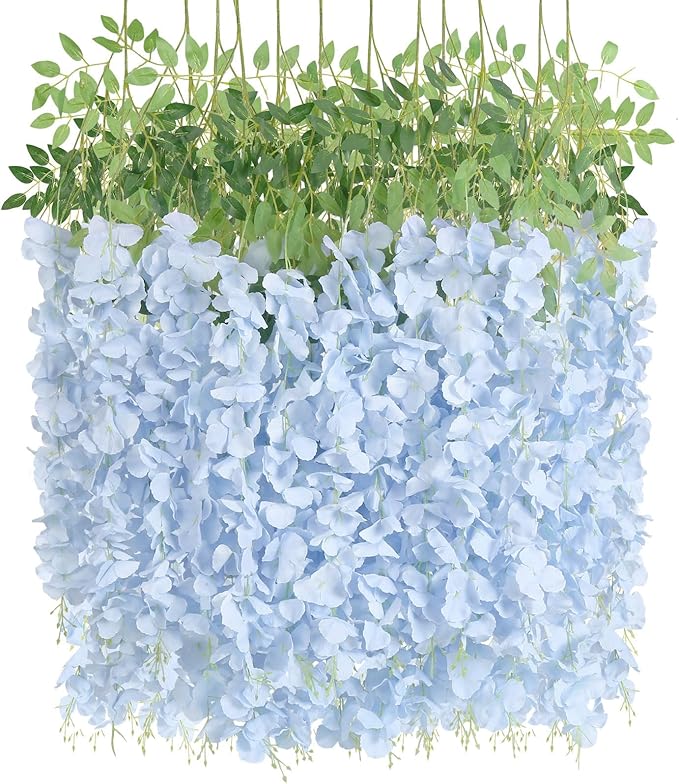 12Pack Wisteria Hanging Flowers Vines 3.6ft Blue Artificial Flowers Fake Wisteria Bushy Garland Silk Flowers Hanging Rattan String for Garden Home Wall Wedding Party Decor (Sky Blue)