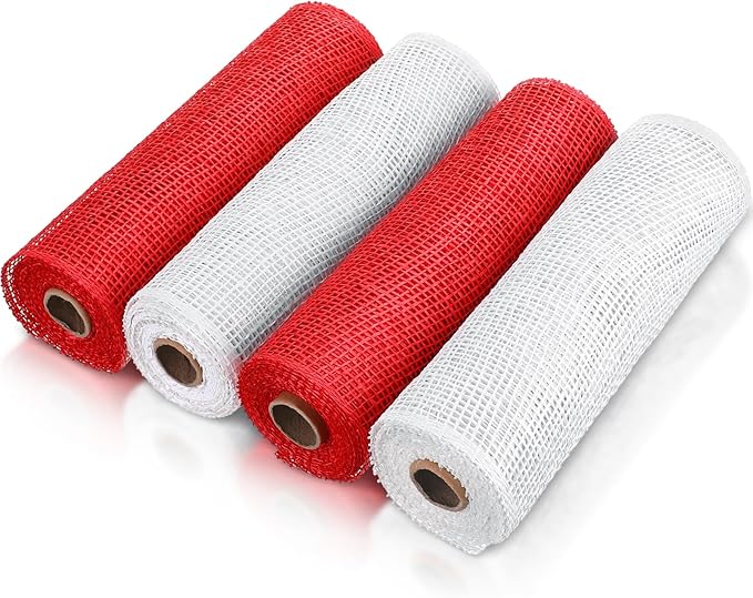 Chuangdi 4 Rolls Poly Burlap Mesh Poly Burlap Deco Ribbon Mesh Roll for Christmas Spring Summer Easter 4th of July DIY Flower Wreath Garland, 10 Inch