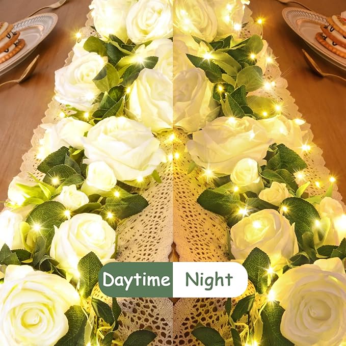 4 Pcs Flower Garland with 39.2 Ft Lights, 26.4 Ft White Floral Garland Fake Flowers for Wedding Arch Party Wall Garden Room Decor