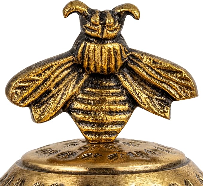 Round Hammered Metal Container with Bee Finial, Brass Finish