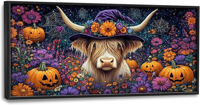 Highland Cow with Halloween Large Decor Wall Art Framed Pictures for Living Room, Pumpkins Oversized Canvas Print Painting Modern Extra Large Framed Artwork for Bedroom Office Home Decor 60"x30"