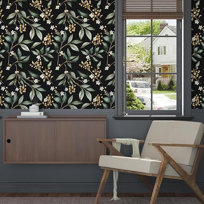 Black Green Floral Peel and Stick Wallpaper, 17.5" x 197" Vintage Dark Green Leaf Botanical Self-Adhesive Contact Paper for Bathroom Bedroom Kitchen Cabinet Drawer Vinyl Wall Paper Dark Green